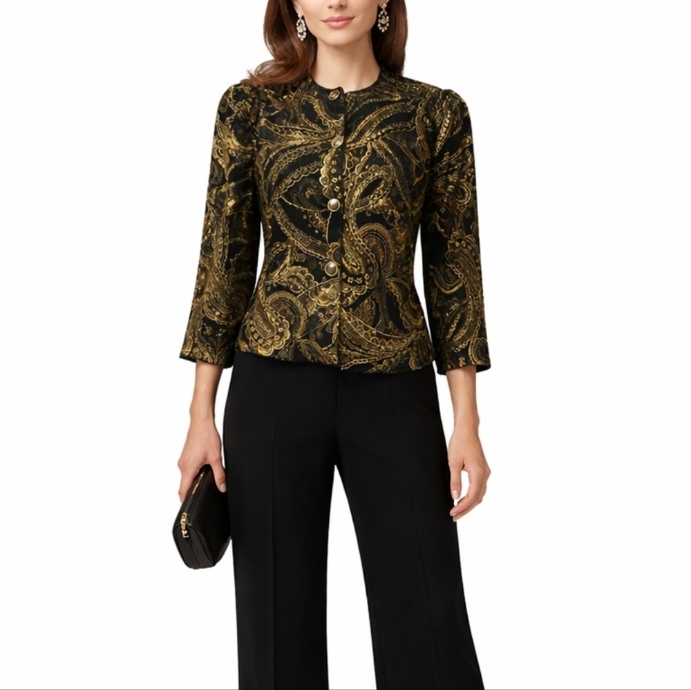 vintage Jeri Marque black velvet gold jacket medium cropped 3/4 sleeves